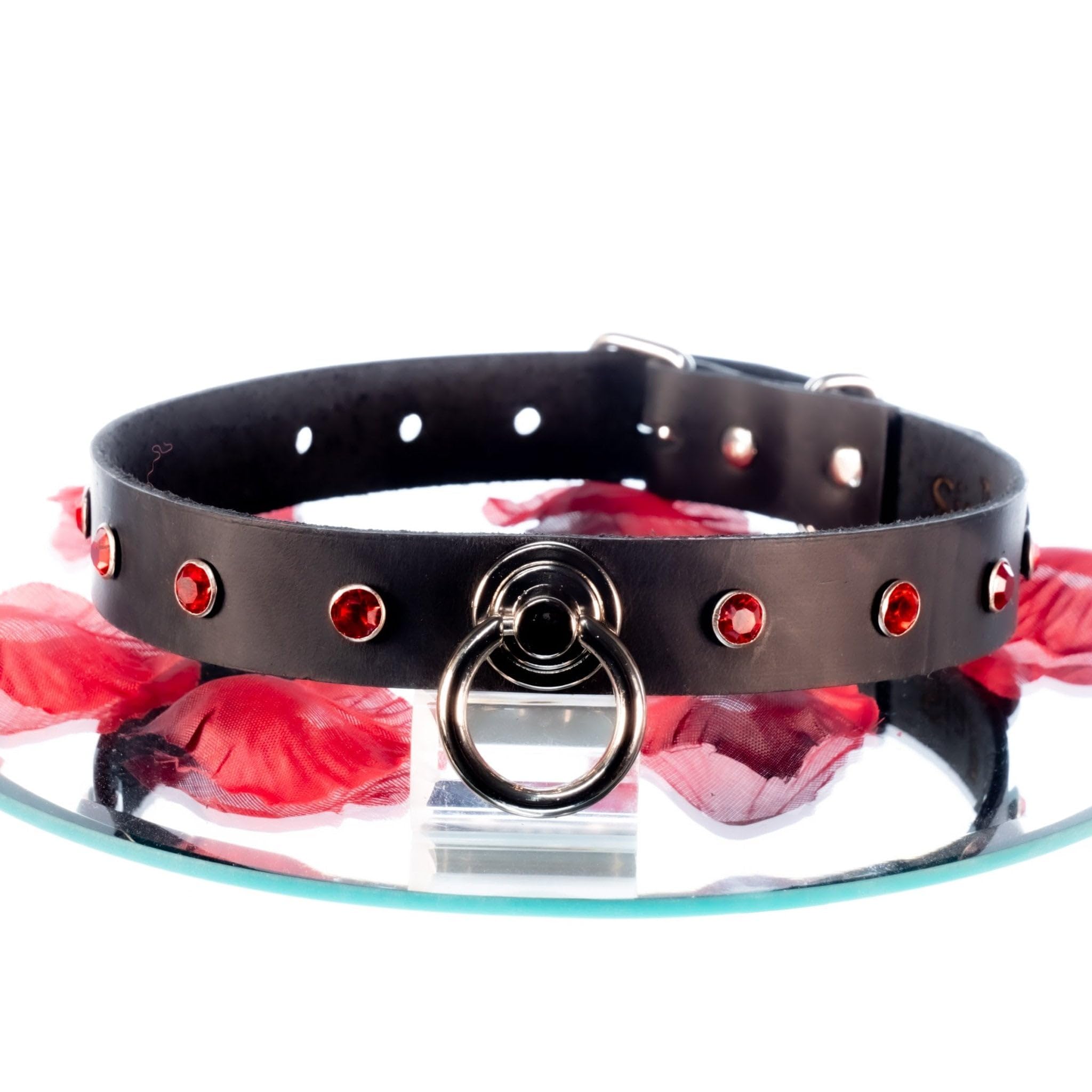 SiaLinda: Halsband Nr. 13 rot 8 Straß Kristalle und großem O-Ring 20mm, echt Leder schwarz