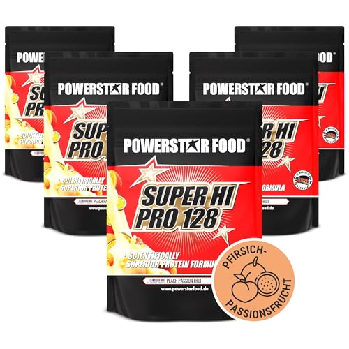 SUPER HI PRO 128 Pack | Mehrkomponenten Protein | 84% Protein i.Tr. | Nach wissenschaftlicher Formel | Höchstmögliche Biologische Wertigkeit | Deutsche Herstellung | 5 x 1000g | Peach Passion Fruit