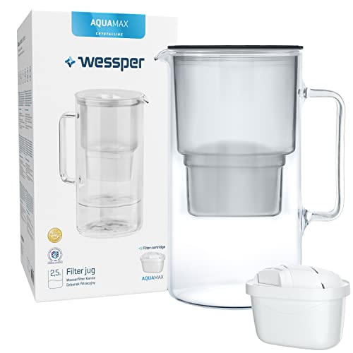 Wessper Glas-Wasserfilter Karaffe Kompatibel mit Brita-Wasserfilterkartuschen, Inklusive 1 Wasserfilter-Kartusche, Reduziert Kalk und Chlor, 2.5 Liter, Schwarz
