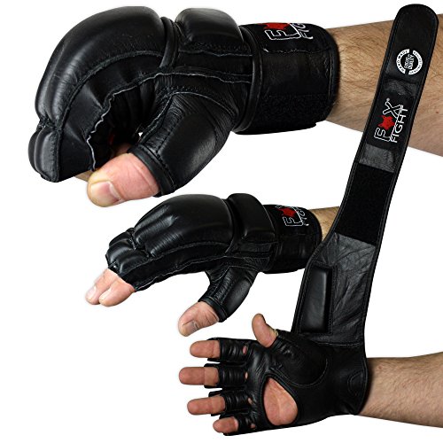 FOX-FIGHT Freefight MMA Handschuhe professionelle hochwertige Qualität echtes Leder Boxhandschuhe Sandsack Training Sparring Muay Thai Kickbox Kampfsport BJJ Sandsackhandschuhe Gloves schwarz, XL