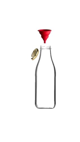 wak 8 leere Weithals-Glasflaschen für 1,0l, Milchflaschen Saftflaschen mit weissem Schraubverschluss, inkl. einem Einfülltrichter