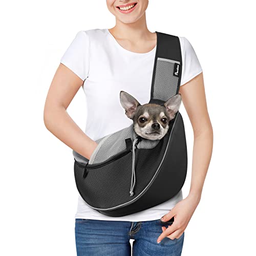 Pawaboo Hundetragetasche Tragetuch Verstellbare Transporttasche für Haustiere, Verstellbare Umhängetasche mit Touch-Pocket und Verstellbarer Gurt Welpentasche für Outdoor Reisen, S, Schwarz