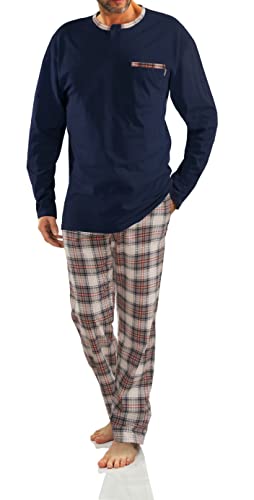 sesto senso Herren Schlafanzug Lang Baumwolle Pyjama Langarm Shirt mit Tasche Pyjamahose Zweiteilig Set Bunt Nachtwäsche XL 2576/26 Dunkel Blau