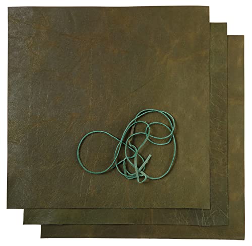 Grüne Lederblätter für Lederhandwerk – Vollnarben-Büffelleder-Quadrate – ideal für Schmuck, Ledergeldbörsen, Kunst und Handwerk – inklusive 3 Bögen (30,5 x 30,5 cm) + Lederschnur (91,4 cm)