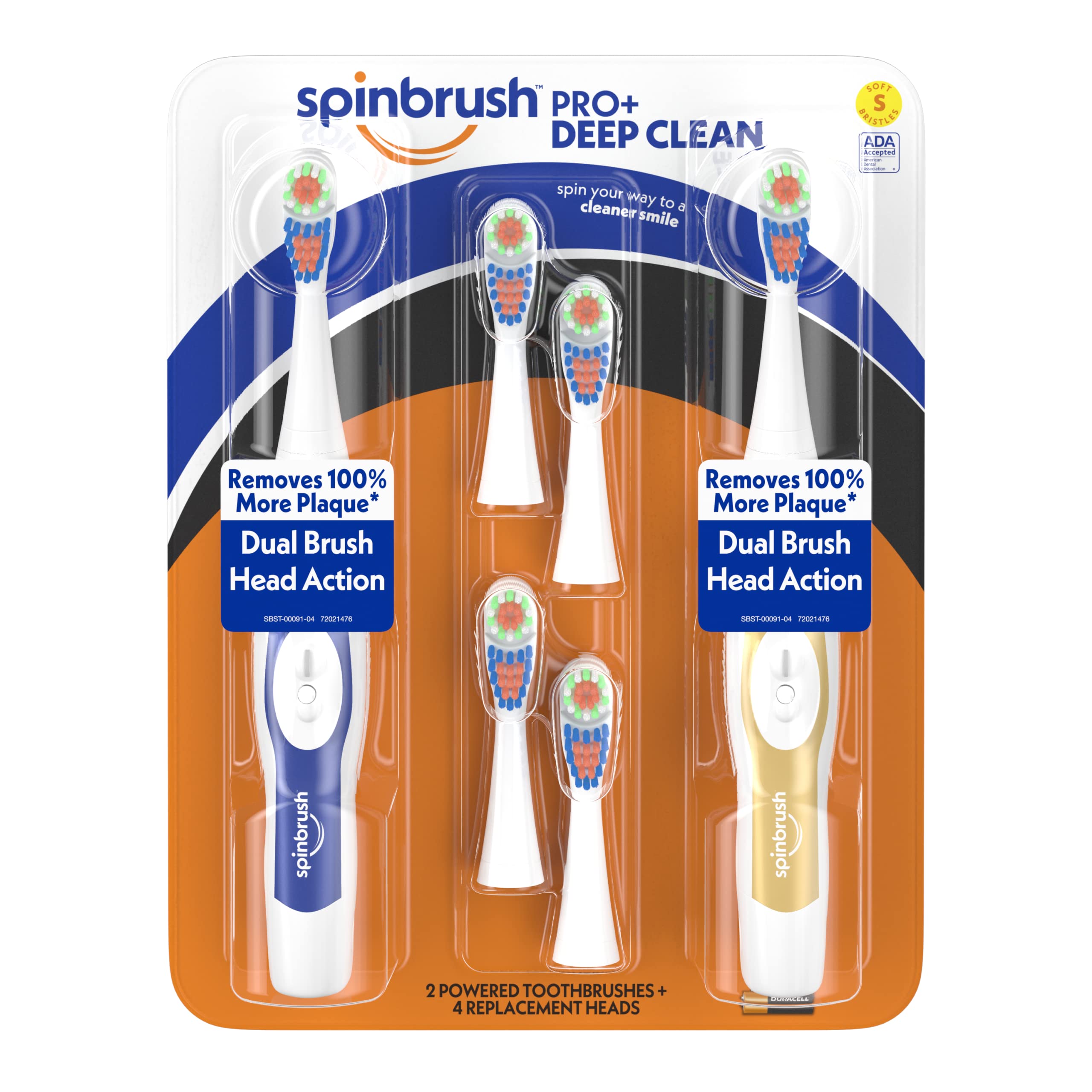 Spinbrush Pro+ Deep Clean Vorteilspack, Akku-Zahnbürste für Erwachsene, 2 Bürsten & 4 Ersatzköpfe
