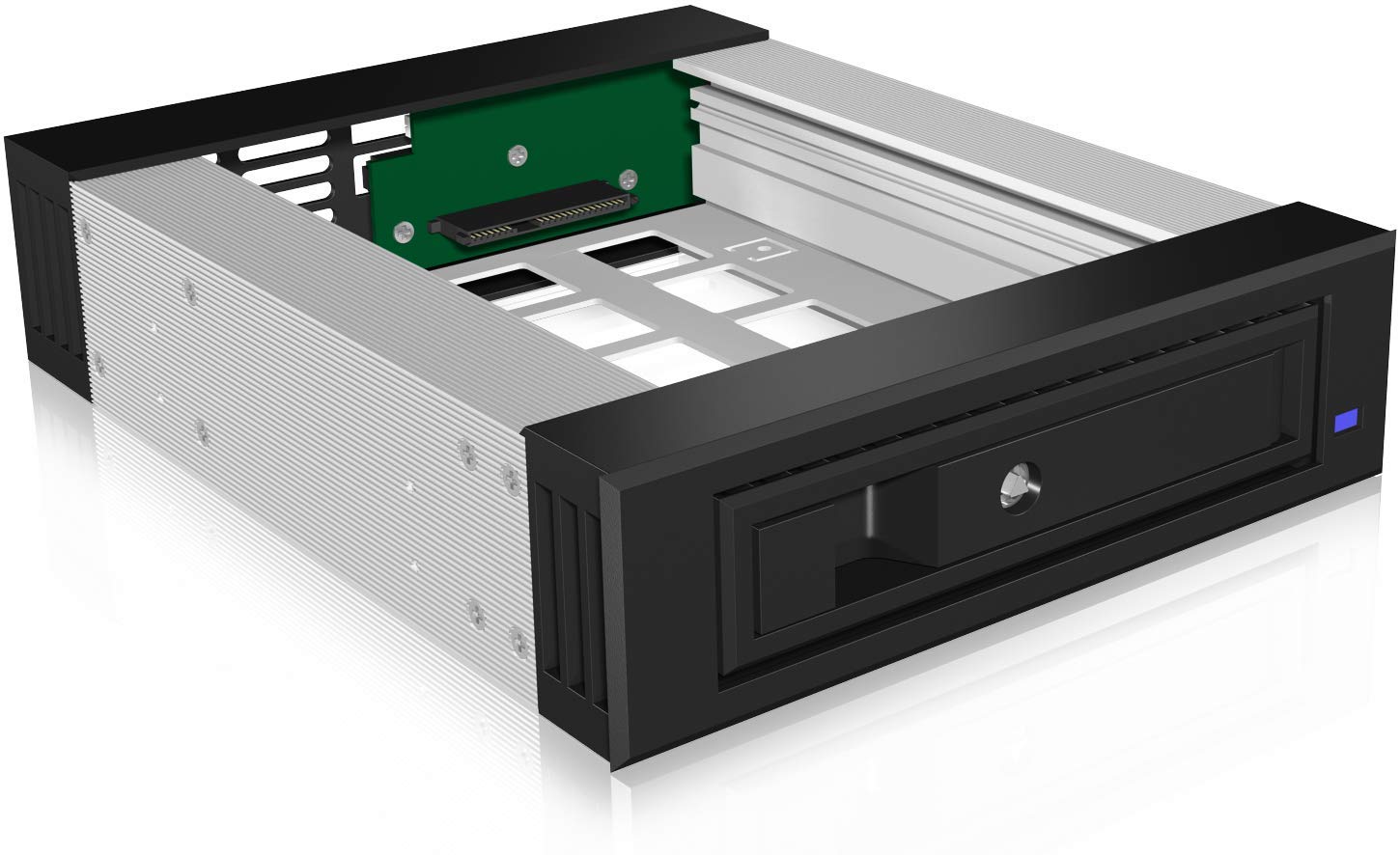 ICY BOX 5,25" Wechselrahmen für 1x 3,5" (8,9 cm) oder 1x 2,5" (6,35 cm) SATA III/SAS II HDD/SSD, abschließbar, Aluminium, IB-129SSK-B