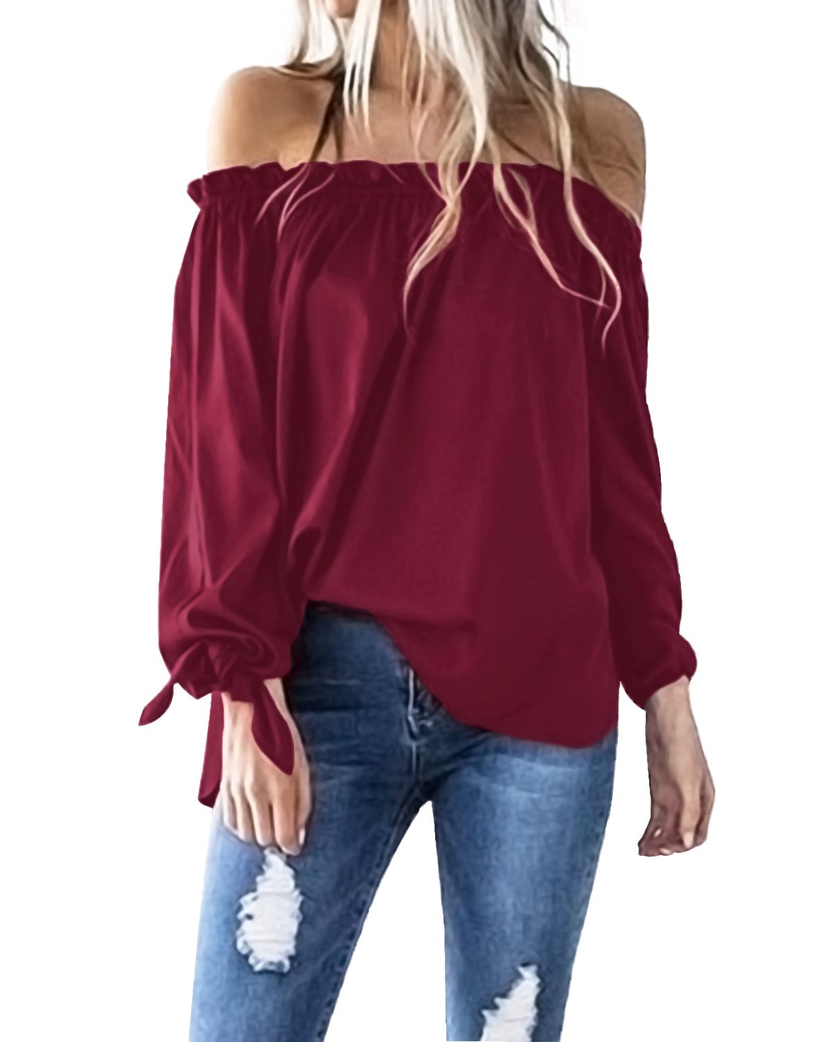 ACHIOOWA Langarmshirt Damen Schulterfrei Elegant Trägerlos Oberteil Tunika Langarm Shirt Tops Rot S