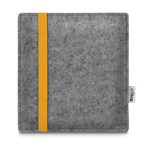 stilbag e-Reader Tasche Leon für Amazon Kindle Oasis (9. Generation) BZW. den neuen Kindle Oasis (10. Generation - 2019), Wollfilz hellgrau - Gummiband gelb