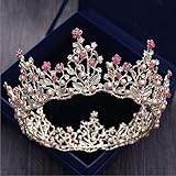 Große Krone mit rosa Perlen und Kristallen, 7 cm hoch, goldfarben, für Hochzeit, Abschlussball, Party, Festzug