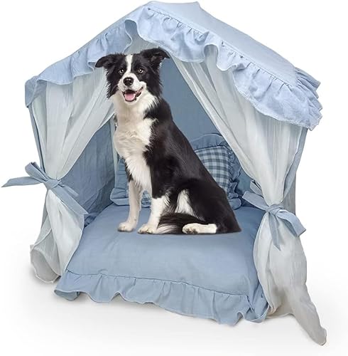 Sport Tent Haustierbett Höhle Hundehütten für drinnen Hunde Welpen & Katzen Zelt mit Kissen Prinzessin Bett Haustierhaus waschbare Hundebetten M, blau, 0