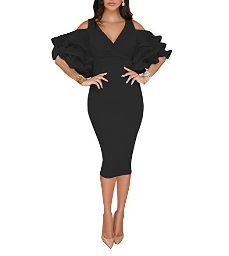 VERWIN Solide Volantärmel kalte Schulter V-Ausschnitt Elegant Sexy Party Abend Midi Kleid Bodycon Kleid, schwarz, Large