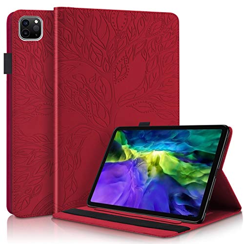 LTLJX Schutzhülle mit Kartenfach für iPhone iPad Pro 27,9 cm (11 Zoll) 2020, Baumblumen-Design, automatischer Schlaf-/Wachmodus, TPU, faltbarer Tablet-Ständer, Rot