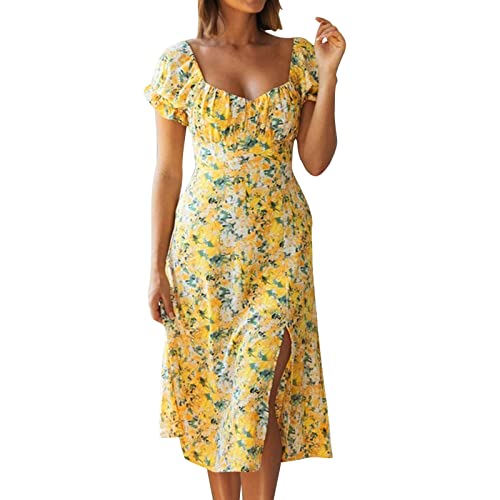 Colorful Sommerkleid Damen V-Ausschnitt Kurzarm Bandage Freizeitkleid, Kleider Gänseblümchen Mode Kurz Temperament Elegant Schwingen Kleid Blusenkleider Mini Dress (Yellow, M)