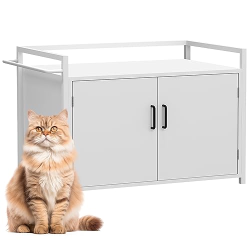 BAKAJI Katzentoilette mit seitlichem Eingang in Form Einer Katze, Mehrzweckschrank für Haustiere, 2 Türen, magnetischer Verschluss, Gestell aus Eisen, 75 x 55 x 51 cm (weiß)