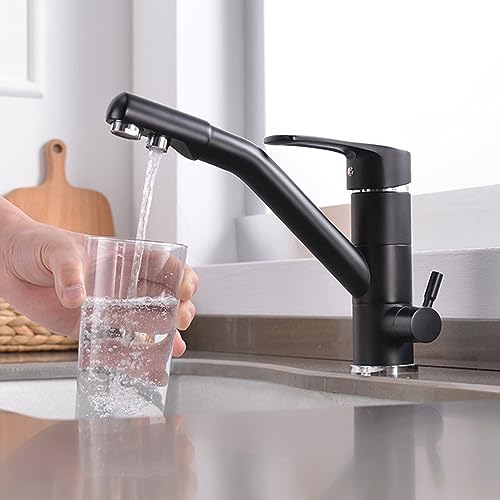3 Wege Wasserhahn Küche Für Wasserfilter, Küchenarmatur 360° Schwenkbar Messing 3 in 1 Trinkwasserhahn Mischbatterie Küche-Schwarz