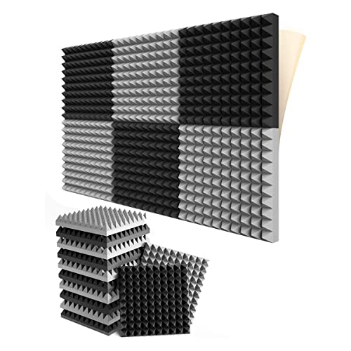 OUHUAN 12 StüCk Selbstklebende Schalldichte Schaumstoffplatten 2 X 12 X 12 Pyramidendesign, für Heimstudio, Schwarz +