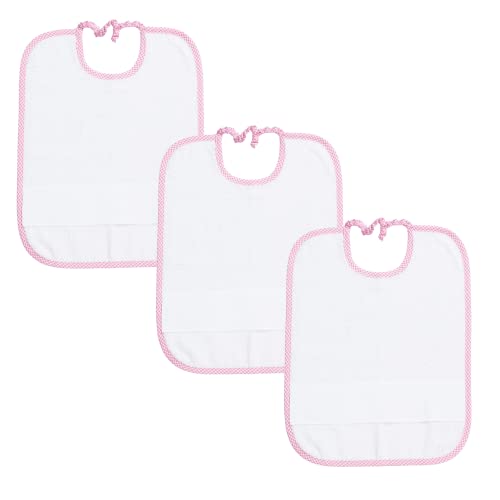 Filet - Set 3 Lätzchen für Kindergarten mit Gummizug aus weißem Schwamm mit Aida-Stickerei, karierter Rand aus rosafarbenem Garn