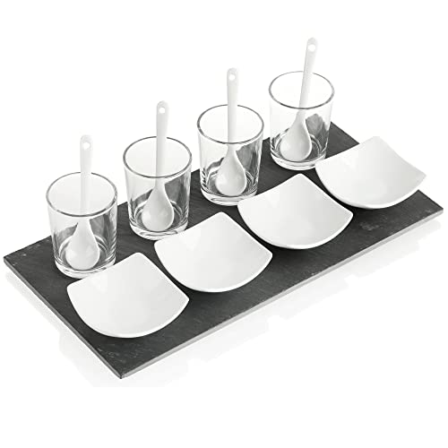 com-four® 13-teiliges Servier-Set - Schieferplatte mit Gläsern, Schälchen eckig und Löffeln - für Vorspeisen, Aperitifs und Snacks - Küchenzubehör (13-tlg - Eckig)