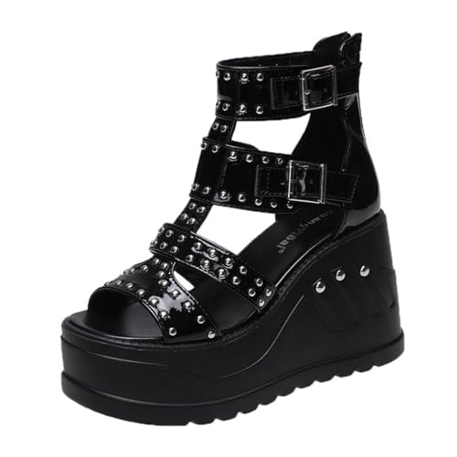 NEOFEN Damen-Sandalen mit offenem Zehenbereich, zwei Bändern und Profilsohle, modische Blockabsatz-Sandalen mit verstellbarem Knöchelriemen (Color : Black, Size : 41 EU)
