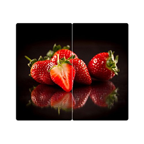 DEKOGLAS Herdabdeckplatten Set inkl. Noppen aus Glas 'Erdbeeren', Herd Ceranfeld Abdeckung, 2-teilig universal 2x 52x30 cm