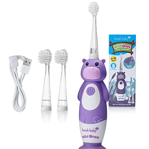 Brush-Baby WildOnes Kinder Elektrische Wiederaufladbare Zahnbürste, 1 Griff, 3 Bürstenköpfe, USB-Ladekabel, für Alter 0-10 (Nilpferd)