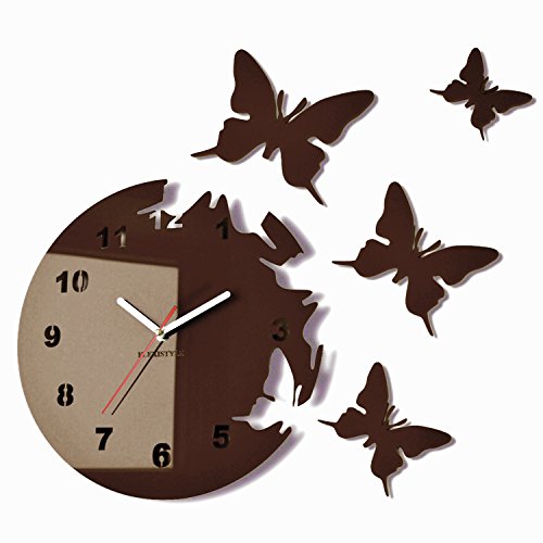 FLEXISTYLE Runde und Moderne Wanduhr mit Schmetterlingmotiv, ohne EIN Tick-Geräusch Dark Brown (wenge)