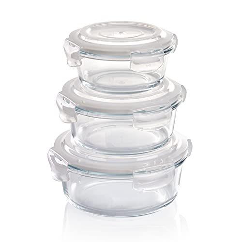 Grizzly Glas Frischhaltedosen, 3er Set, 400 ml, 620 ml, 950 ml, luftdicht, rund, Click-Verschluss, Vorratsdosen hitze- und kältebeständig