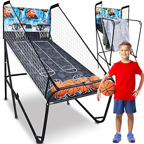 Dual Hoop Basketball Shootout Indoor Home Arcade-Room Game with Electronic LED Digital Double Basket Ball Shot Scoreboard and Play Timer Fold-up Court Shooting Sports for Kids and Adult Player