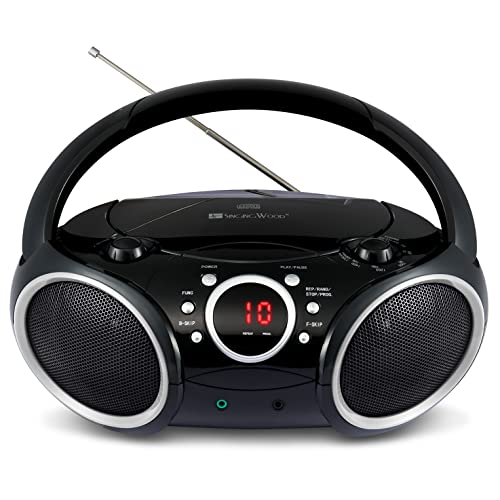SINGING WOOD 030C tragbarer CD-Player Boombox AM FM analoges Tuning-Radio, AUX-Eingang, Kopfhöreranschluss, klappbarer Tragegriff (schwarz mit einem Hauch von grauen Rändern)