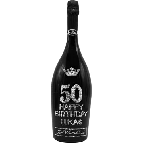 personalisierte Prosecco Flasche 1,5 l verziert mit Strass Steine - das perfekte Geburtstagsgeschenk Motiv: Lukas 50