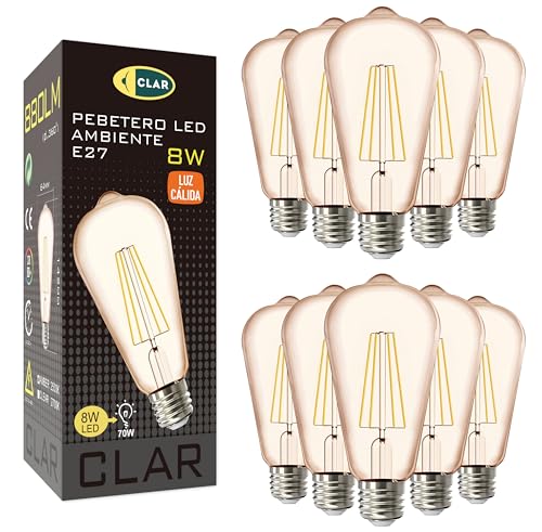 CLAR - LED Filament E27 8W ST64, E27 LED Warmweiss, E27 Retro, Glühbirnen Kaufen, Retro Birne E27 2500ºK (Pack 10)