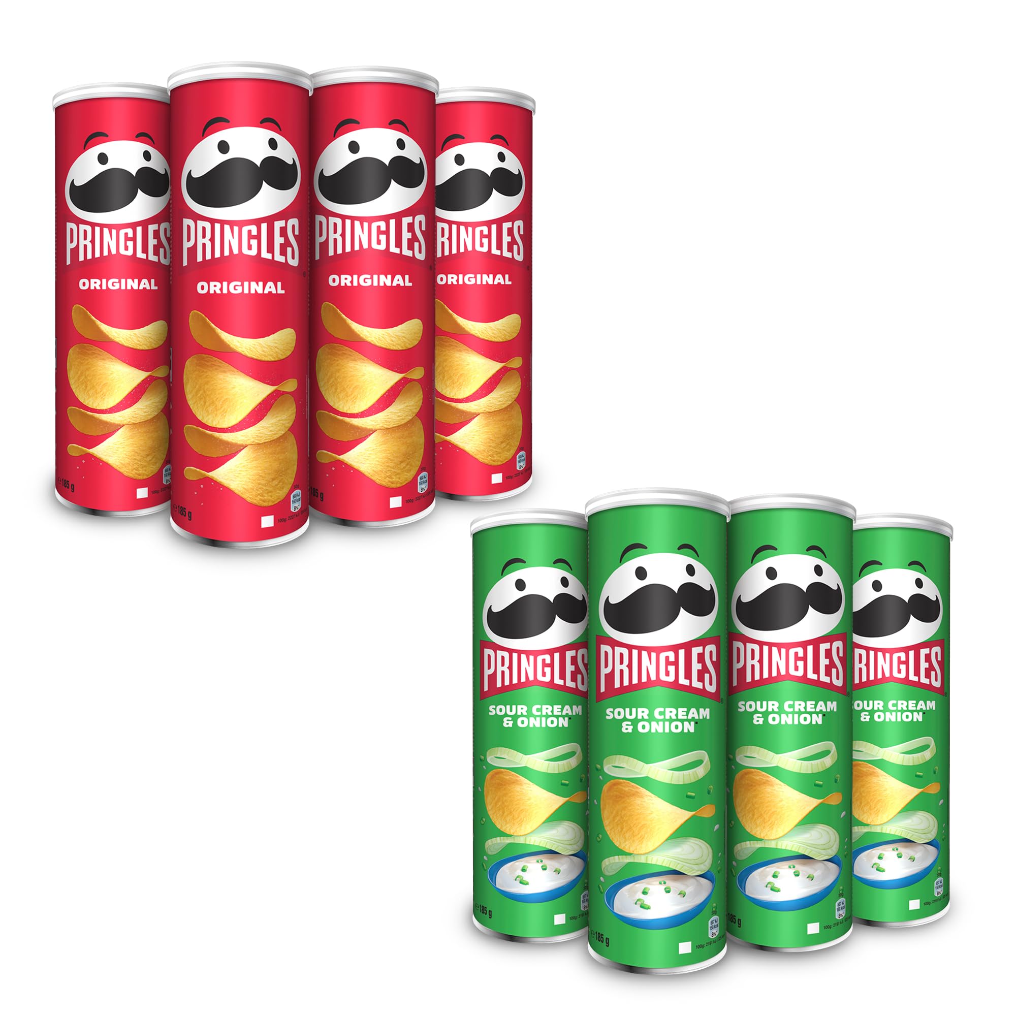 Pringles Klassiker Chips Mix (8 x 185 g) – Pringles Original & Pringles Sour Cream & Onion – der unwiderstehliche Snack-Klassiker in der praktischen Dose – Pop. Play. Eat.