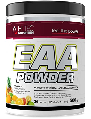 HI TEC NUTRITION EAA Pulver mit Essentiell Aminosäuren - Protein Aufnahme für Sportler Muskelaufbau Schutz - Regeneration nach Training Anabole Prozesse - 500g für 36 Portionen Tropical Punch