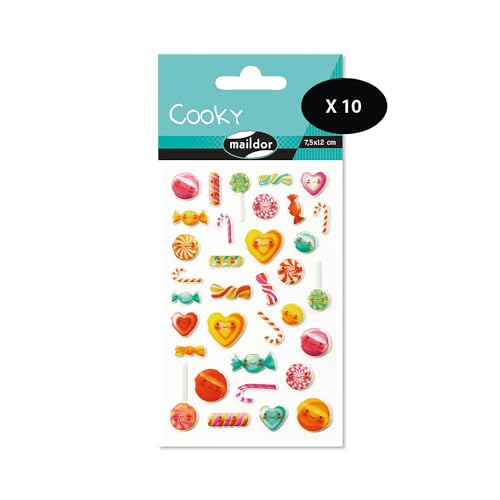 Maildor CY031Opack – eine Packung mit 3D-Aufklebern Cooky, 1 Bogen 7,5 x 12 cm, Kawaii Bonbons (34 Aufkleber), 10 Stück