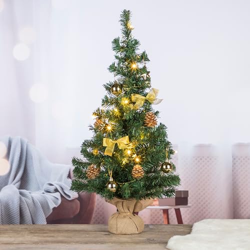 Künstlicher Weihnachtsbaum 75 cm Tannenbaum Christbaum Dekobaum beleuchtet und dekoriert in Goldtönen