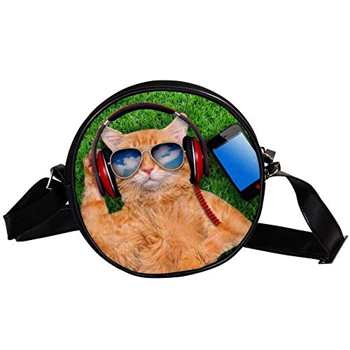 Umhängetasche aus Segeltuch mit Katzen-Kopfhörern, rund, Geldbörse, mehrfarbig