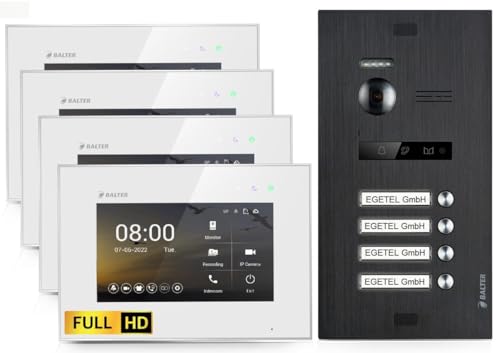 BALTER EVO HD Video Türsprechanlage Black für 4 Familienhaus Kit, 4x Monitor 7"