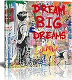 Keliour Banksy Bilder Leinwand-Dream Big Dreams - Street Graffiti Art Leinwandbilder sind Druck auf Leinwand Wandkunstdruck Wohnzimmer Wanddekor 90x90cm/35,4" x35,4 Innerframe