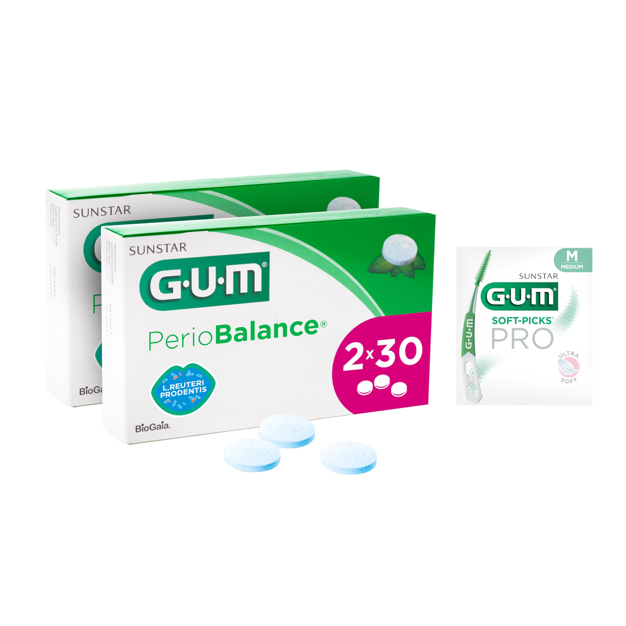 GUM PerioBalance Lutschtabletten/Nahrungsergänzungsmittel für das Zahnfleisch/Enthält das patentierte Bakterium Limosilactobacillus reuteri Prodentis/angenehmer Minzgeschmack /2x30 (+1 Gratisprobe)