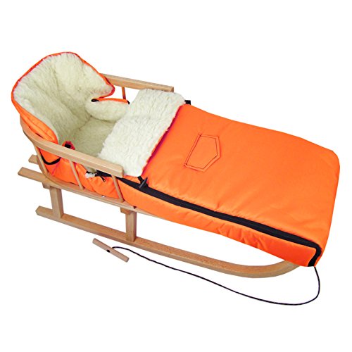 Kombi-Angebot Holz-Schlitten mit Rückenlehne & Zugseil + universaler Winterfußsack (108cm), auch geeignet für Babyschale, Kinderwagen, Buggy, Lammwolle Uni (orange + Schlitten)