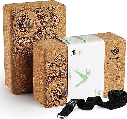 Overmont Yogablöcke Kork 2er Set mit Yoga Gurt für Yoga, Pilates, allgemeine Fitness und Dehnung 23 x 15 x 7,6 cm