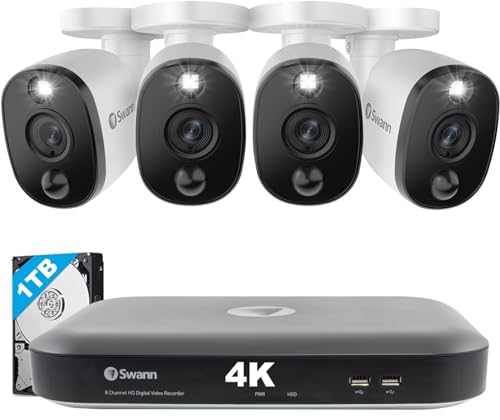 Swann Home DVR Sicherheitskamera-System mit 1 TB HDD, 4 Kanal 4 Kameras, 4K HD kabelgebundene Überwachung, Innen- und Außenbereich, Farb-Nachtsicht, Heat & Motion, Alexa + Google, SWDVK-455804WL