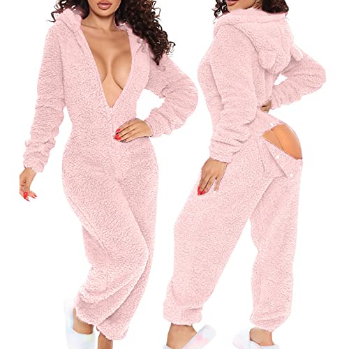 CUTTE Damen Fleece Pyjama Overall Fester Freizeit Overall mit Langen Ärmeln Nachtwäsche Herbst Winter Nachtwäsche mit Kapuze und Po-Klappe,Pink,S