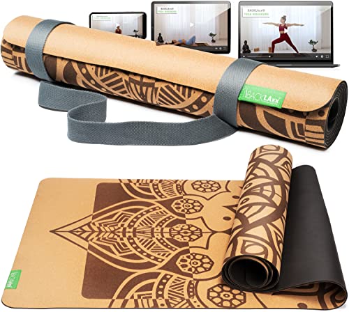 BACKLAxx® Kork Yogamatte mit Naturkautschuk - Nachhaltige Yogamatte rutschfest schadstofffrei mit Anti-Rutsch-Zonen - Inkl. Mattengurt und Anwendungsvideos