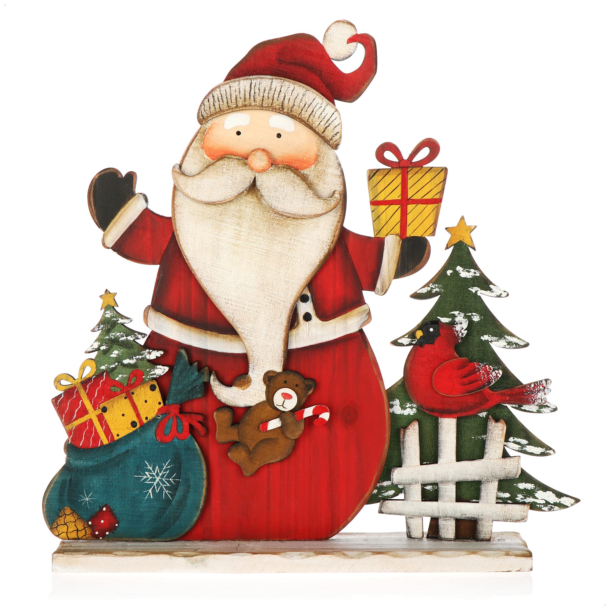 com-four® Dekorativer Aufsteller für Weihnachten - Weihnachtsmann aus Holz zum Hinstellen - Weihnachtsdekoration zum Verzieren und Verschenken (Sante mit Geschenken - klein)