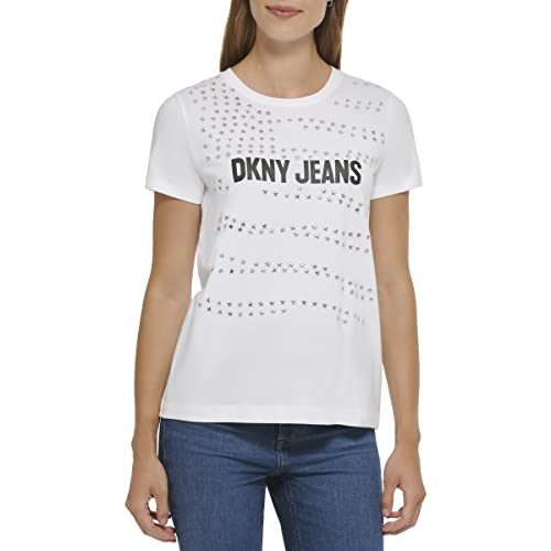DKNY Women's Jeans Logo T-Shirt with All Over Stud Detailing, White, S