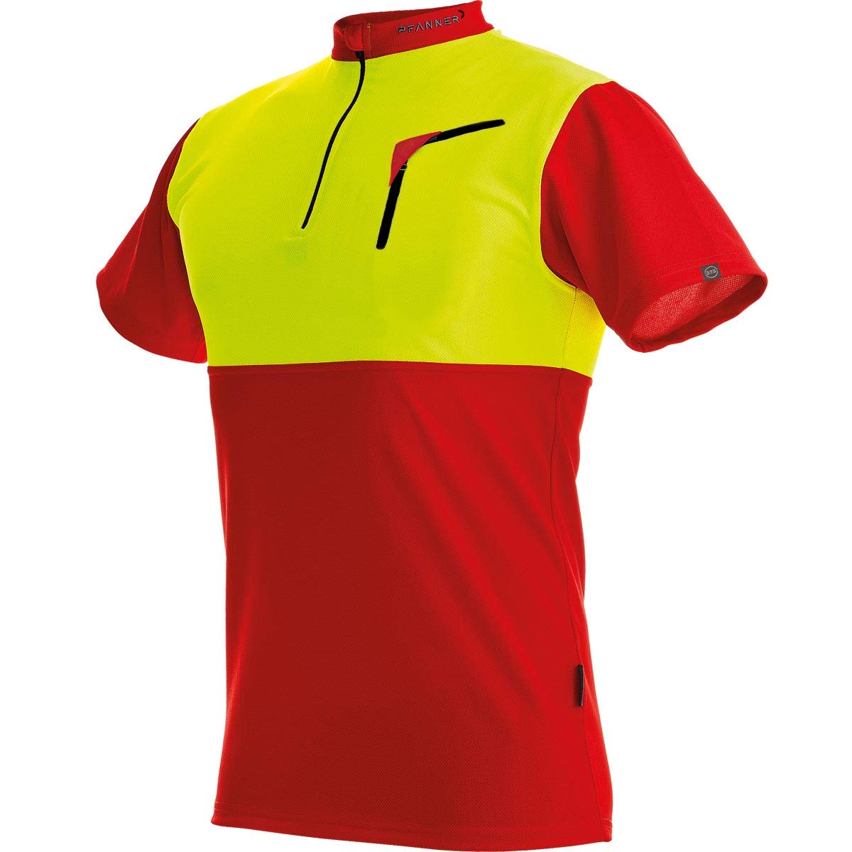 Pfanner Herren Zip-neck Shirt Short Sleeved Forst-Shirt mit Kurzarm, Mehrfarbig (Red-Neon Yellow), XL