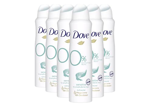 Dove Deospray Sensitive 6er Pack 48 Stunden Schutz mit 0% Aluminium & Alkohol und 1/4 Pflegecreme (6 x 150 ml)