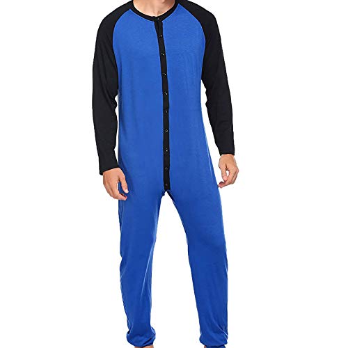 N /C Herren Einteiler Pyjama Langarm Button Down Open Front Jumpsuit Nachtwäsche Color Block Bodysuit Pjs Outfits (Blau, M)