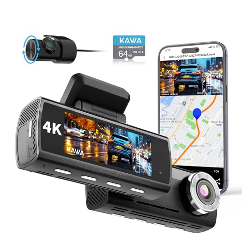 KAWA True 4K Dashcam Auto vorne und hinten, 2160P WiFi Dashcam mit Starvis IMX415, Eingebautes GPS Dual Cam, 3.16'' IPS Bildschirm, Nachtsicht, Schleifenaufzeichnung, 24H Park Mode
